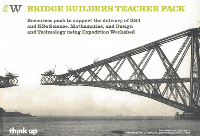 Cover of the Bridge Builders Teacher Pack, featuring a photo of the Forth Rail Bridge part-way during its construction