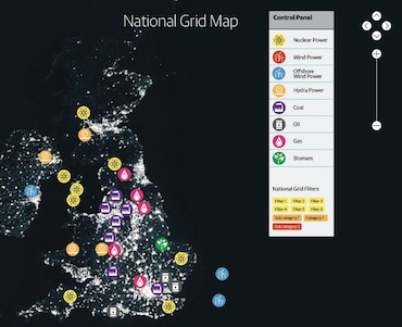 Graphic showing the national grid at night overlaid with icons showing the location of different types of power station.