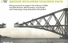 Cover of the Bridge Builders Teacher Pack, featuring a photo of the Forth Rail Bridge part-way during its construction